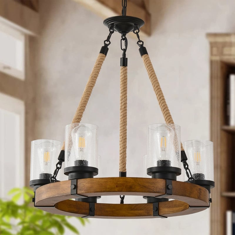 Wood Wagon Wheel Chandelier Farmhouse 6 Light with Seeded Glass Shade - 21.6inch