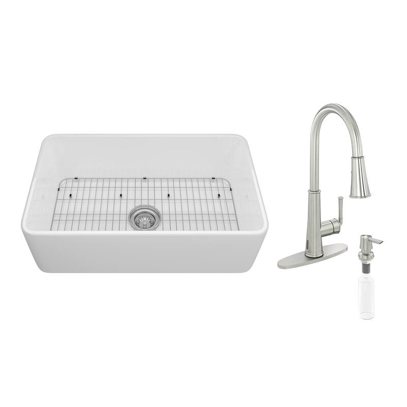 CASAINC All-in-One Kit Farmhouse/Apron-Front Single Bowl Fireclay Kitchen Sink with Kitchen Faucet, Bottom Grid and Strainer