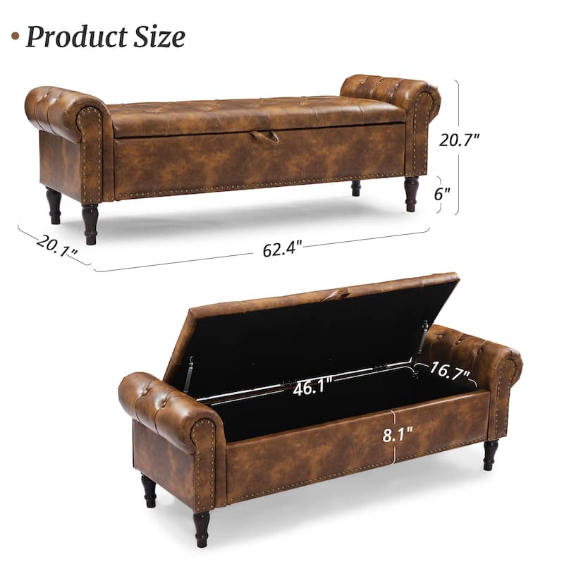 Modern Velvet Upholstered Storage Bench with Silver Nailhead Trim