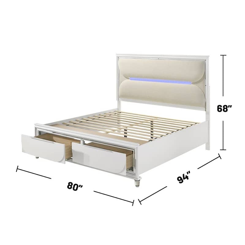 Boucle Upholstered Eastern King Bed with LED Light in White and Pearl White