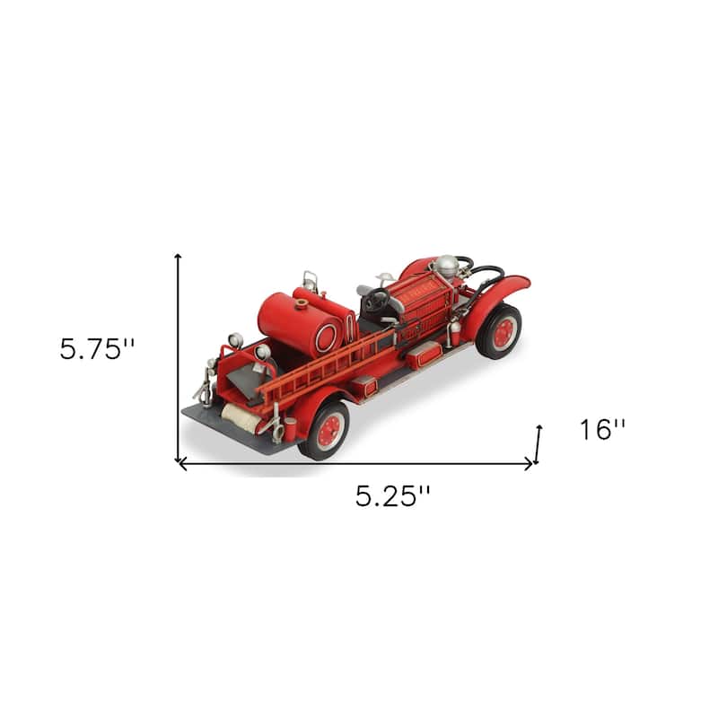 HomeRoots 6" Red and Silver Metal Hand Painted 1920's Fire Truck Model Car - 5.25' X '5.75' X '16