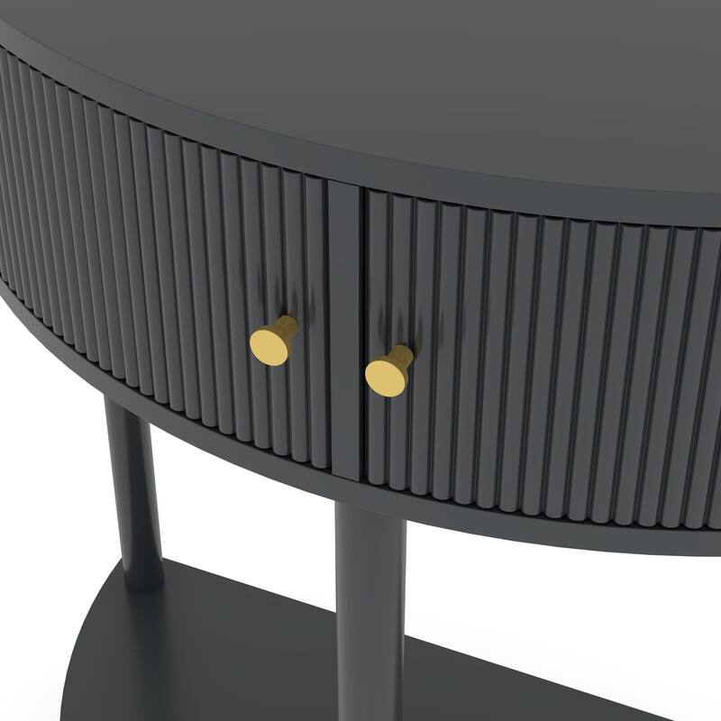 Half Moon Rattan Console Table - Curved Entryway Table with 2 Drawers and Shelf