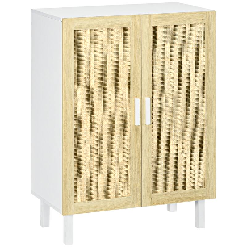 Sideboard Buffet Cabinet with 2-Rattan Doors, Adjustable Shelves, Boho Kitchen Storage Cabinet for Living Room, Black & Natural