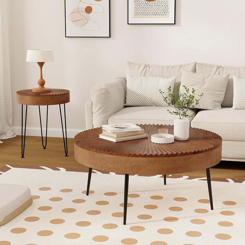 Set of 2 Boho Round Coffee Table Sofa Side Nesting Table w/ Wood Top