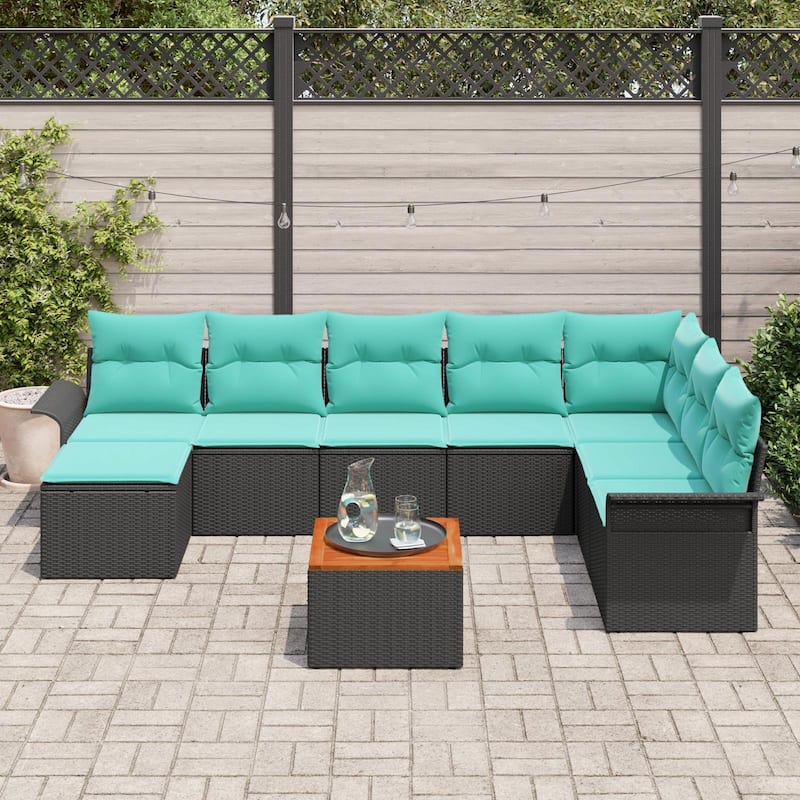 vidaXL 9 Garden Sofa Set with Cushions Black Poly Rattan - 117.1 x 73.8 x 27.2