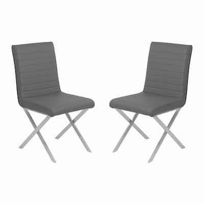 Leatherette Dining Chair with X shaped Metal Legs, Set of 2,Gray and Silver