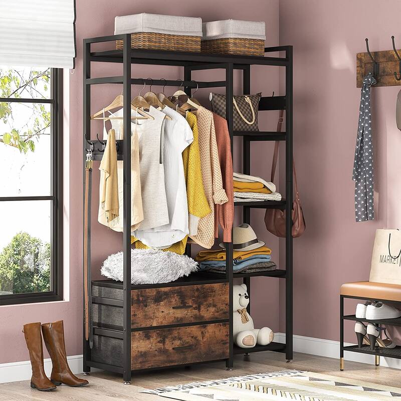 Freestanding Closet Organizer with 2 Drawers, Clothes Shelf Garment Rack with Shelves and Hanging Rod, Clothing Storage-Brown
