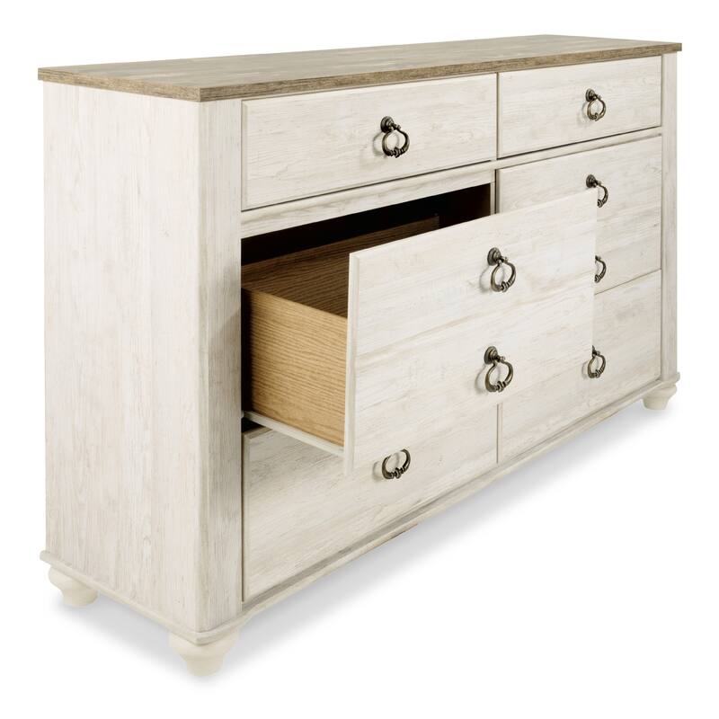 Isla Wide Dresser, 6 Drawers, Brown Wood Finish Top, Rustic Whitewash