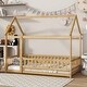 preview thumbnail 2 of 15, Twin Size Wooden House Floor Bed with Roof Frame, Safety Guardrails, Natural