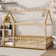 preview thumbnail 84 of 127, Wood Toddler House Bed with Roof Frame and Safety Guardrails Montessori Floor Bed without Slats No Door Houseshaped Platform Bed