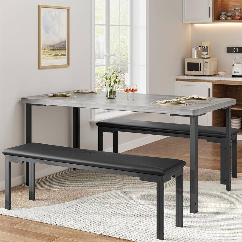 Dining Table Set for 4, Kitchen Table with 2 Benches with Metal Frame, Space-Saving