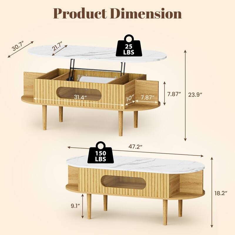 47" Fluted Lift Faux Marble Top Coffee Table, Wood Oval Center Table With 3 Hidden Compartment & 4 Open Space