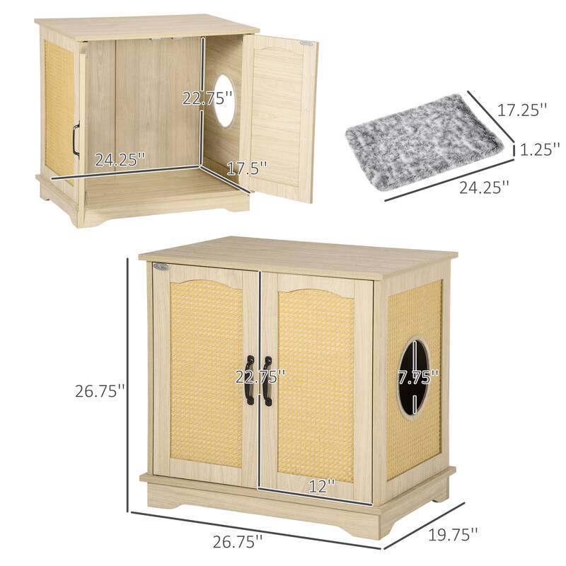 PawHut 3-in-1 Cat Litter Box Furniture Hidden, Cat Cabinet Bed, End Table with Rattan, Kitty Bed with Plush Foam Cushion