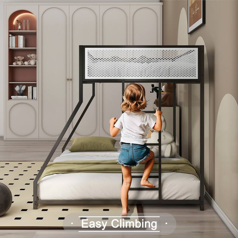 Adam Twin Over Full Metal Bunk Bed (Black) - White Mesh Guard Rail, Low Profile, Stable Ladder - for Kids & Adults
