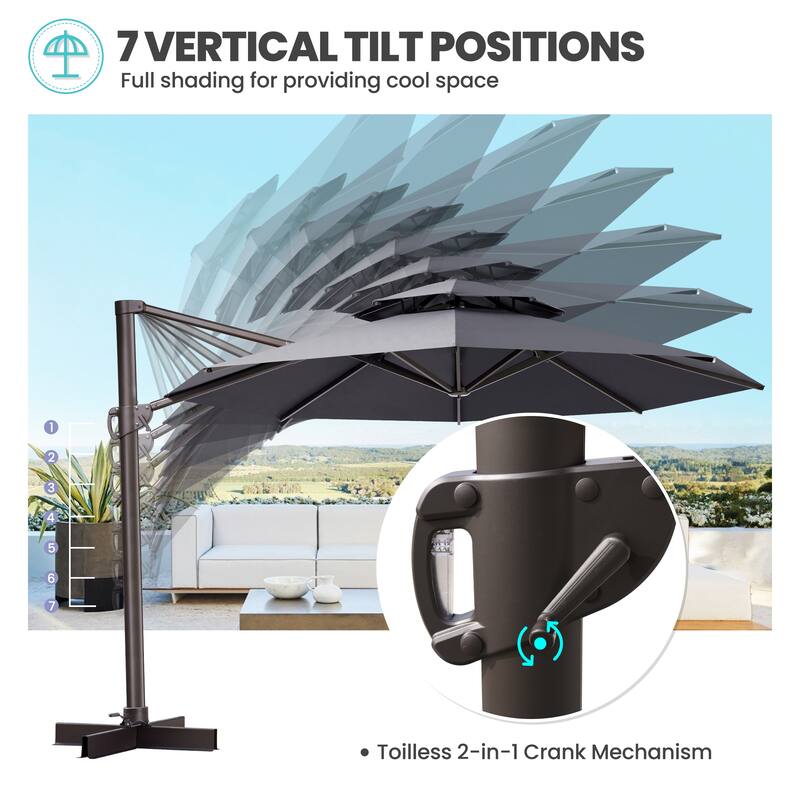 10 FT x 13 FT Outdoor Luxury Solar LED Patio Cantilever Umbrella With Base