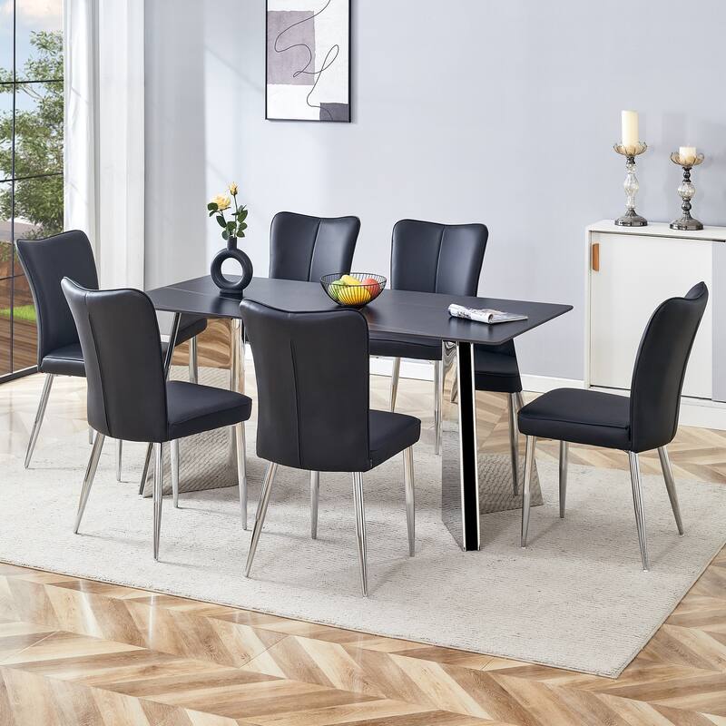 Modern Style Dining Set with Rectangular Stainless Steel Butterfly Legs Table and Vertical Stripe Dining Chairs