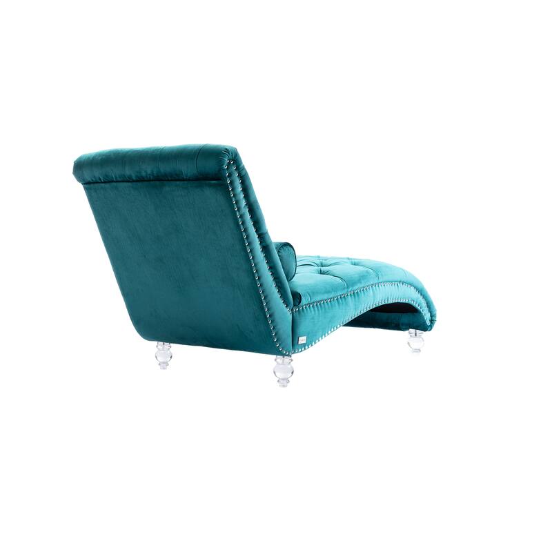 Velvet Tufted Chaise Lounge Chair Ergonomic S Shape Recliner with Pillow, Nailhead Trim and Acrylic Legs for Indoor Use