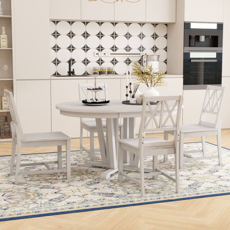 Rustic 5 Piece Extendable Round Dining Table Set