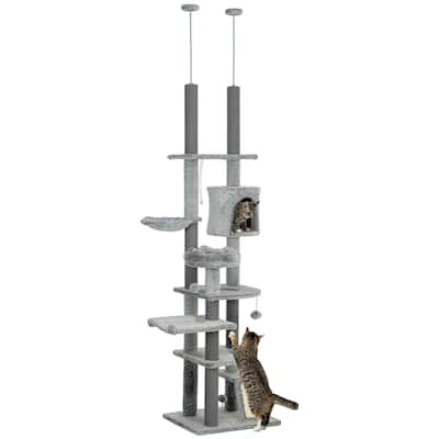 PawHut Floor to Ceiling Cat Tree, 89"-100" Adjustable Height Cat Climbing Tower Activity Center for Indoor Cats, Gray