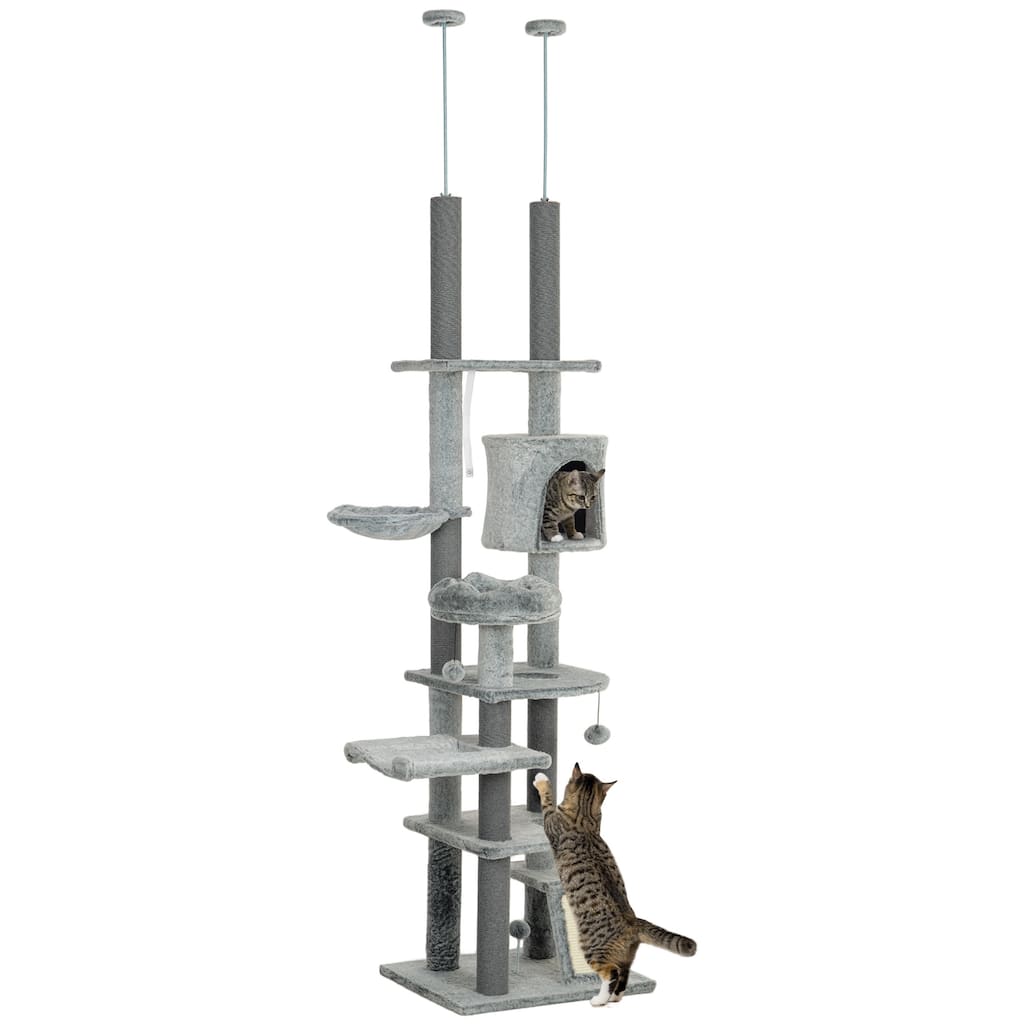 PawHut Floor to Ceiling Cat Tree, 89"-100" Adjustable Height Cat Climbing Tower Activity Center for Indoor Cats, Gray