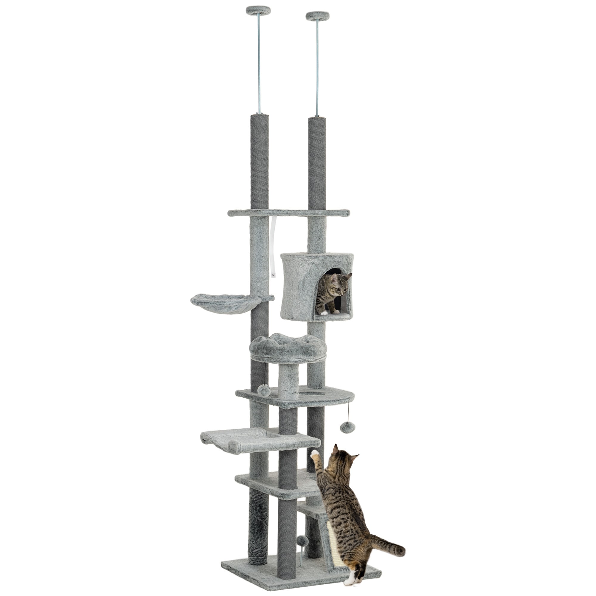 PawHut Floor to Ceiling Cat Tree, 89"-100" Adjustable Height Cat Climbing Tower Activity Center for Indoor Cats, Gray