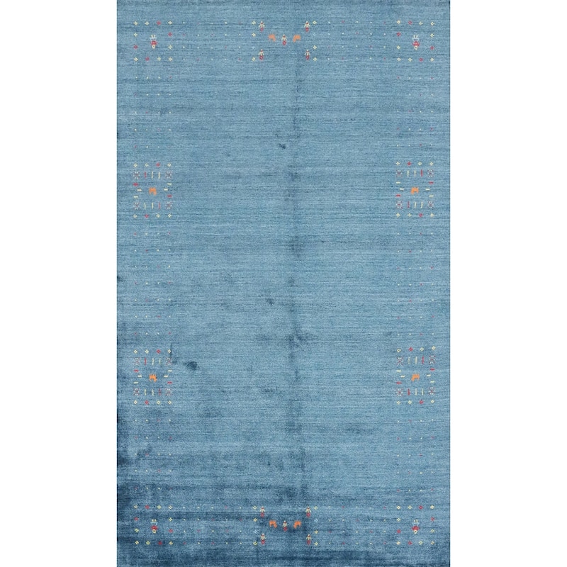 Hand Knotted Oriental Viscose Silk Carpet Tribal Animal Pictorial Navy Blue & Blues Gabbeh Area Rug - 9' 9'' X 5' 11''