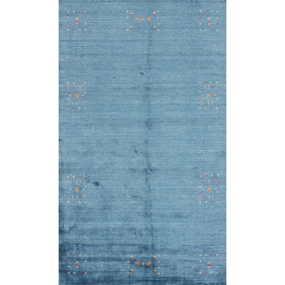 Hand Knotted Oriental Viscose Silk Carpet Tribal Animal Pictorial Navy Blue & Blues Gabbeh Area Rug - 9' 9'' X 5' 11''