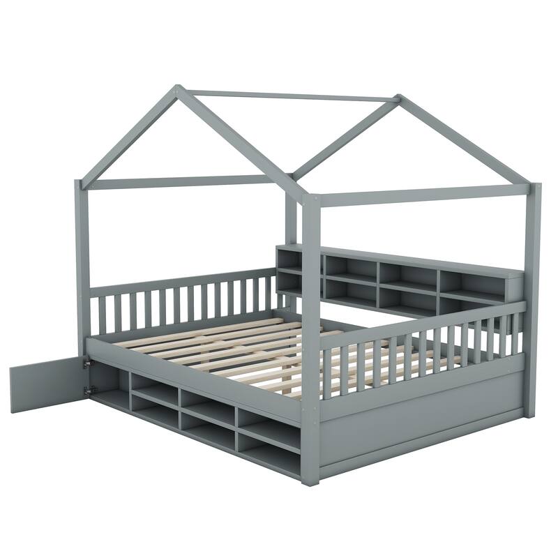 Full Wooden House Bed with Shelves and Mini-Cabinet - White/Gray