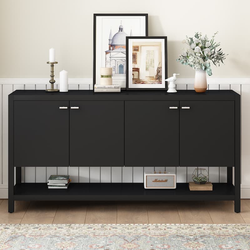 Modern Accent Table with Open Bottom Shelf, Entryway Hallway Table, Console Table with Four-Door Storage - Black