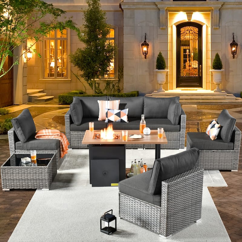 XIZZI 8-piece Outdoor Furniture Patio Wicker Sofa Set with Fire Pit - Black