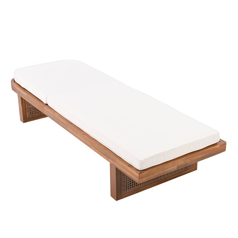 Rattan & Acacia Wood Outdoor Lounge Chair with White Cushion