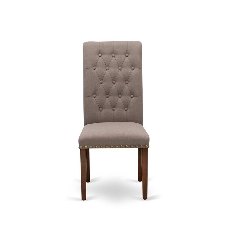 Parson Dining Chairs Set of 2 - Linen Fabric Button Tufted Padded Kitchen Chairs Mahogany Finish