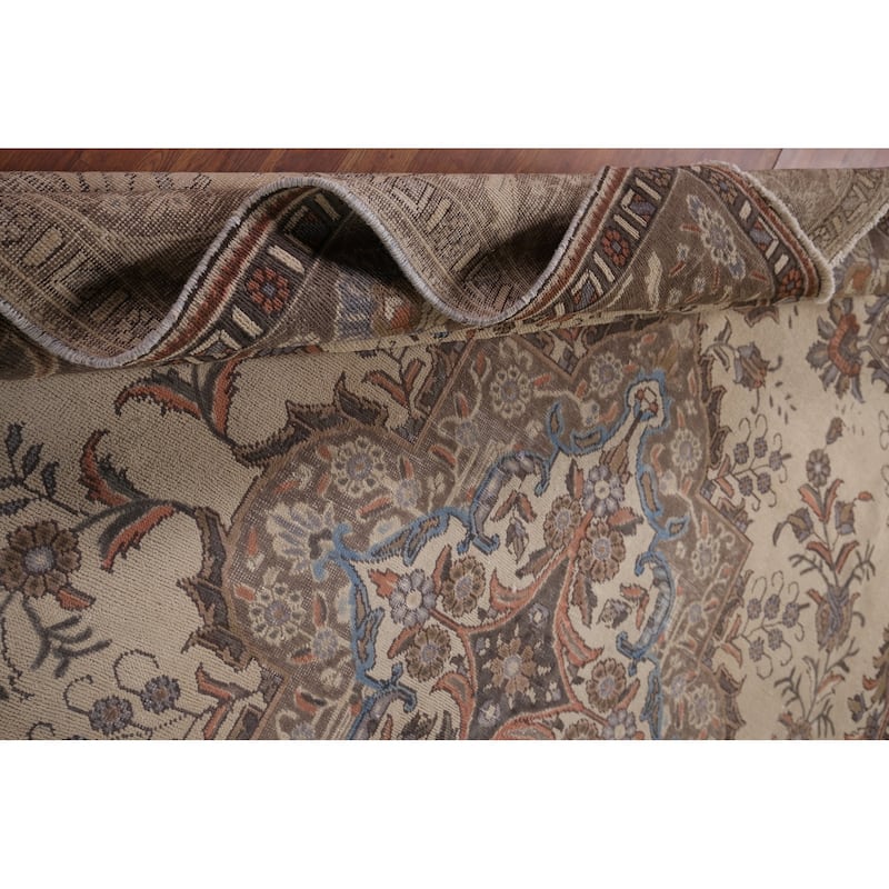 Beige Tabriz Vintage Persian Area Rug Handmade Wool Carpet - 9'6" x 12'7"