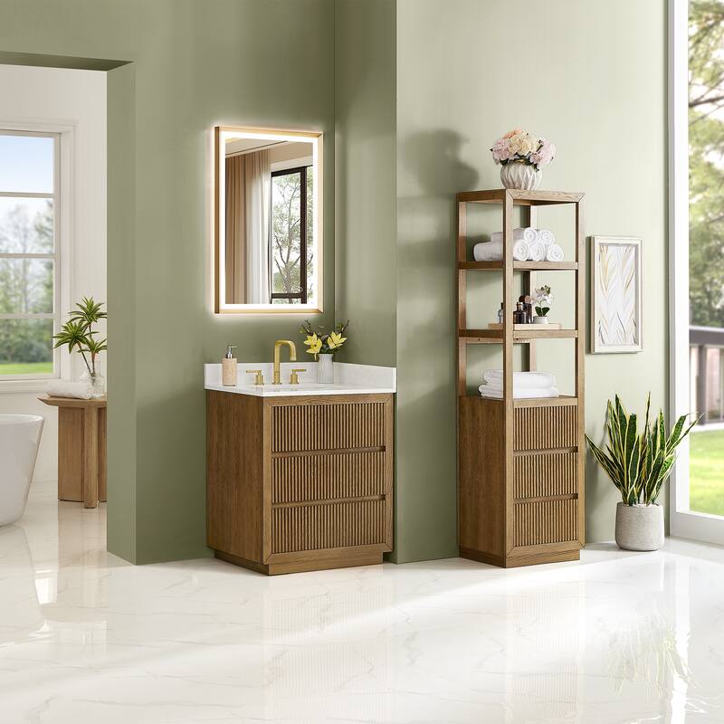 Navan Bathroom Vanity in Weathered Brown with Grain White Engineered Stone Countertop No Mirror