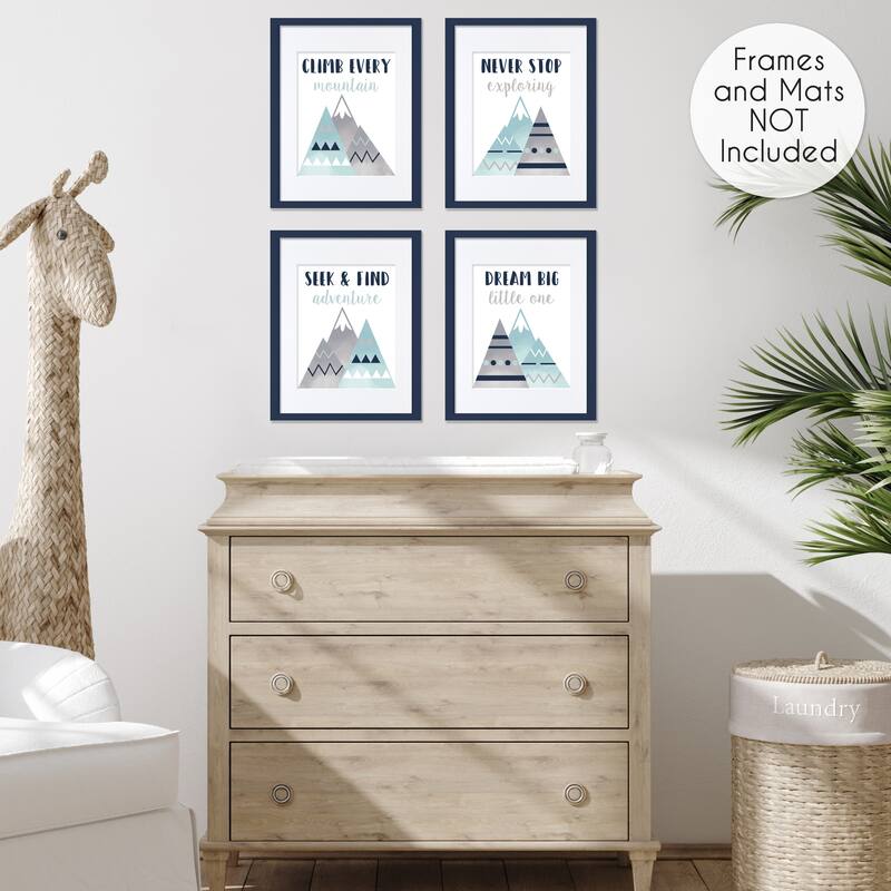 Sweet Jojo Designs Navy Blue, Aqua and Grey Aztec Mountains Collection Wall Decor Art Prints (Set of 4) - Dream Big Adventure