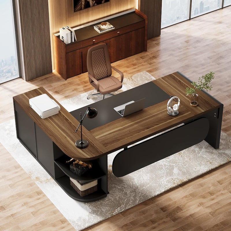 80'' L-Shaped Desk, Large Executive Office Desk with 55'' Drawers Cabinet