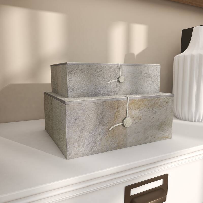 Gray Leather Handmade Box with Hinged Lid (Set of 2) - White or Gold