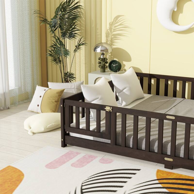 Twin/Full/Queen Size Floor Bed with Fence Guardrails and Door, Rubber Wood Toddler Bed Montessori Bed with Slats Support