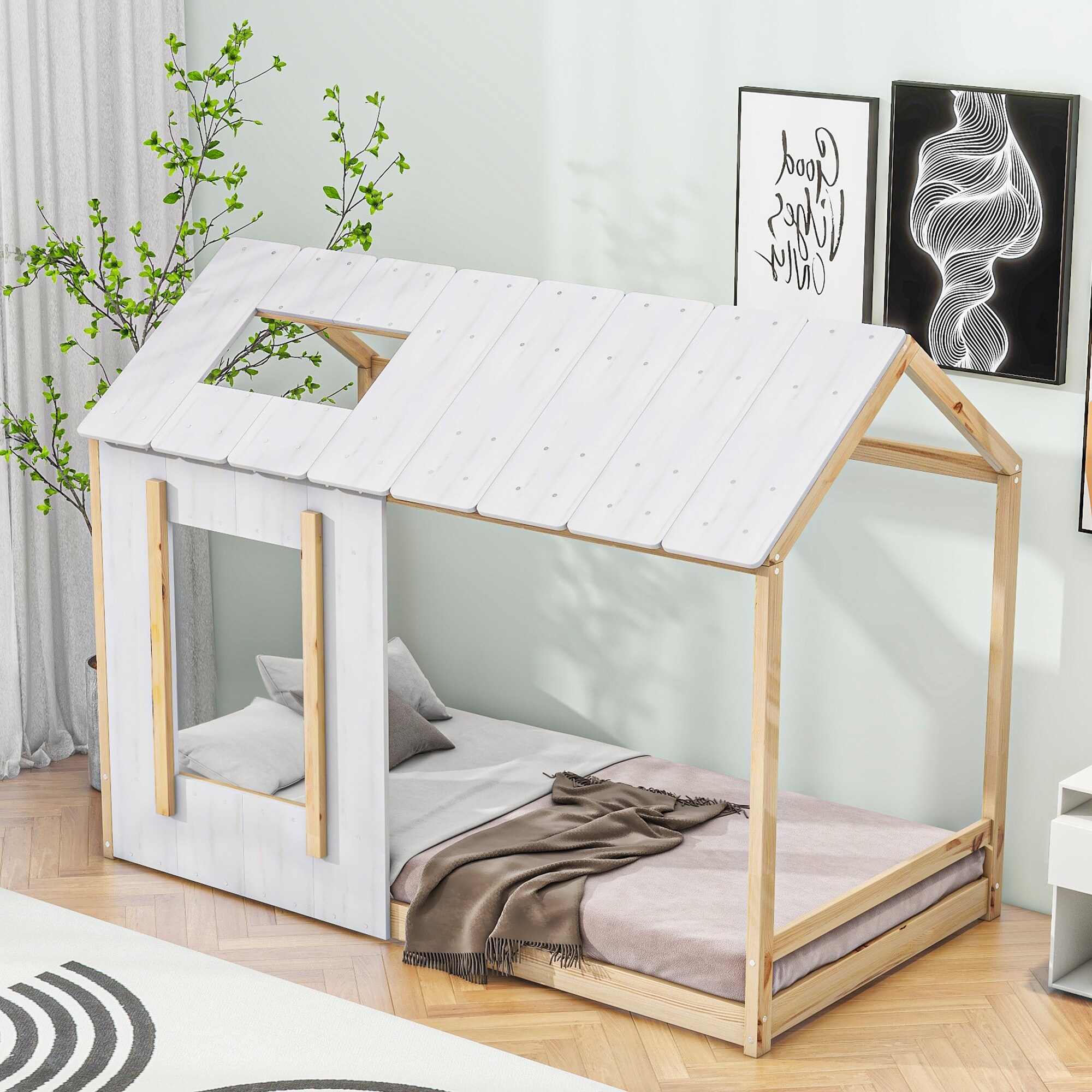 Twin Size Kids House Bed with Roof and Window Wood Floor Bed Frame Cabin Fun Playhouse Bed for Girls Boys Children Antique