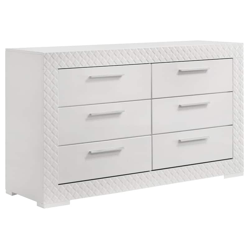 Ivon Wide Dresser, 6 Drawers, Modern Glossy White Solid Hardwood