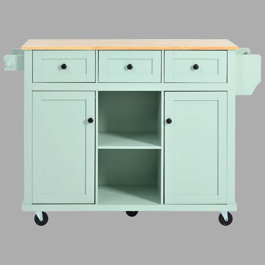 Kitchen Cart with Drop-Leaf Rubberwood Top, Adjustable Storage Racks, 3 Drawers, Spice Rack, and Rolling Wheels