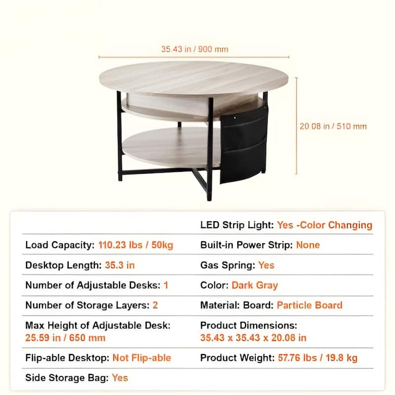 35.3" Round Coffee Table with Lift Top, Hidden Storage & Open Shelf