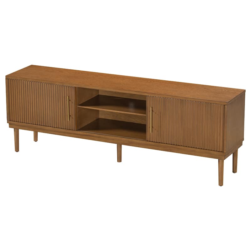 74.90" Wood TV Stand, Sliding Doors Media Cabinet with Gold Metal Handle, Media Console Table with Solid Wood Legs