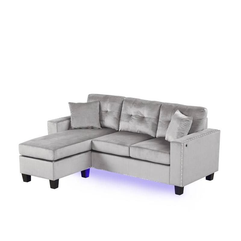 Sorenza 74"W Gray Velvet Reversible Sectional Sofa Chaise with LED Light, USB Port, Nailhead Trim, Throw Pillows, Tufted Cushion