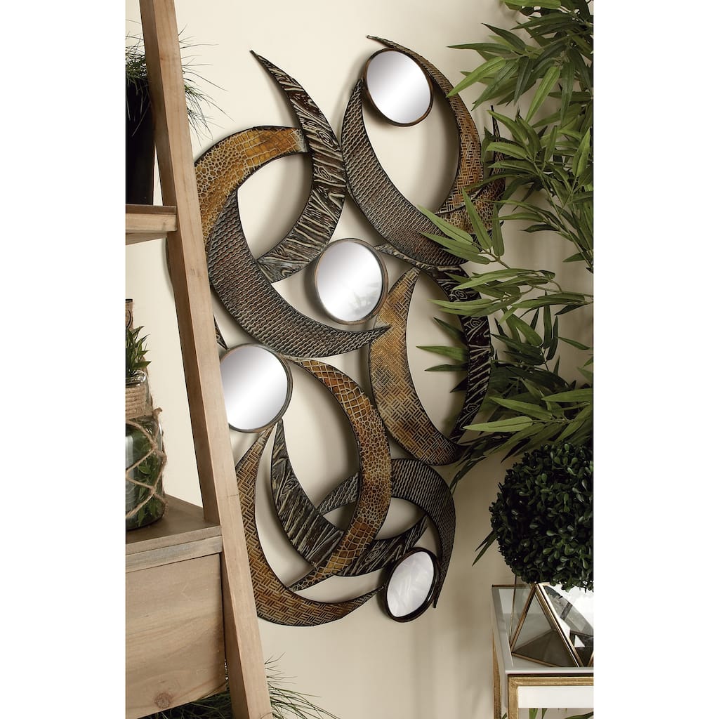Beige Metal Abstract Home Wall Decor with Round Mirror Accents