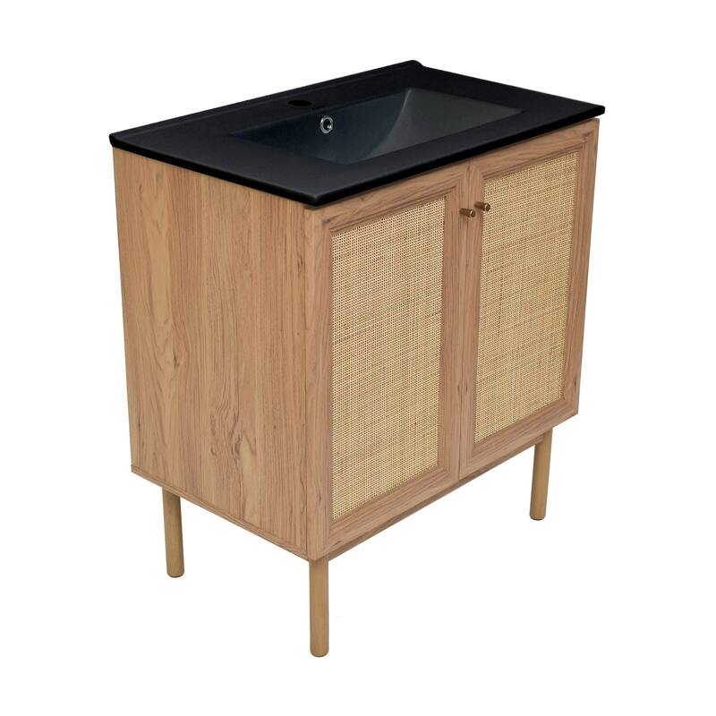 Classe 30 In. Brown Oak Bathroom Vanity With Black Ceramic Sink Top