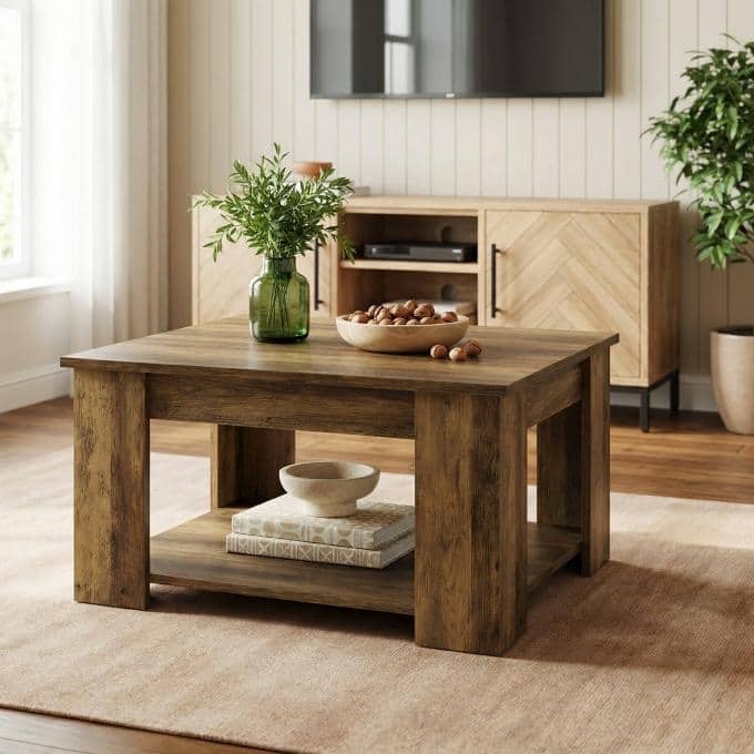 31.49" Square Coffee Table, Wooden Center Table with Storage