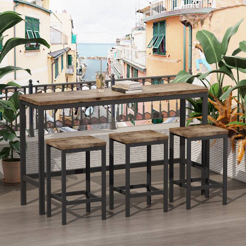 Long Dining Table Set with 3 Stools Pub Kitchen Set Side Table with Footrest - Natural