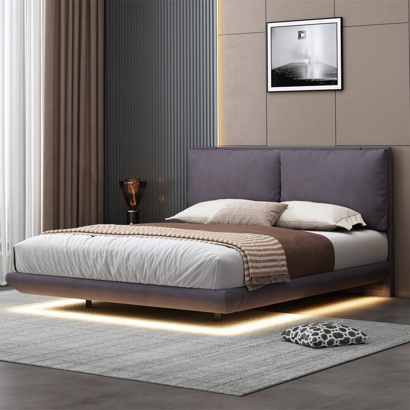 Queen Size Upholstered Platform Bed with Sensor Light and Backrests