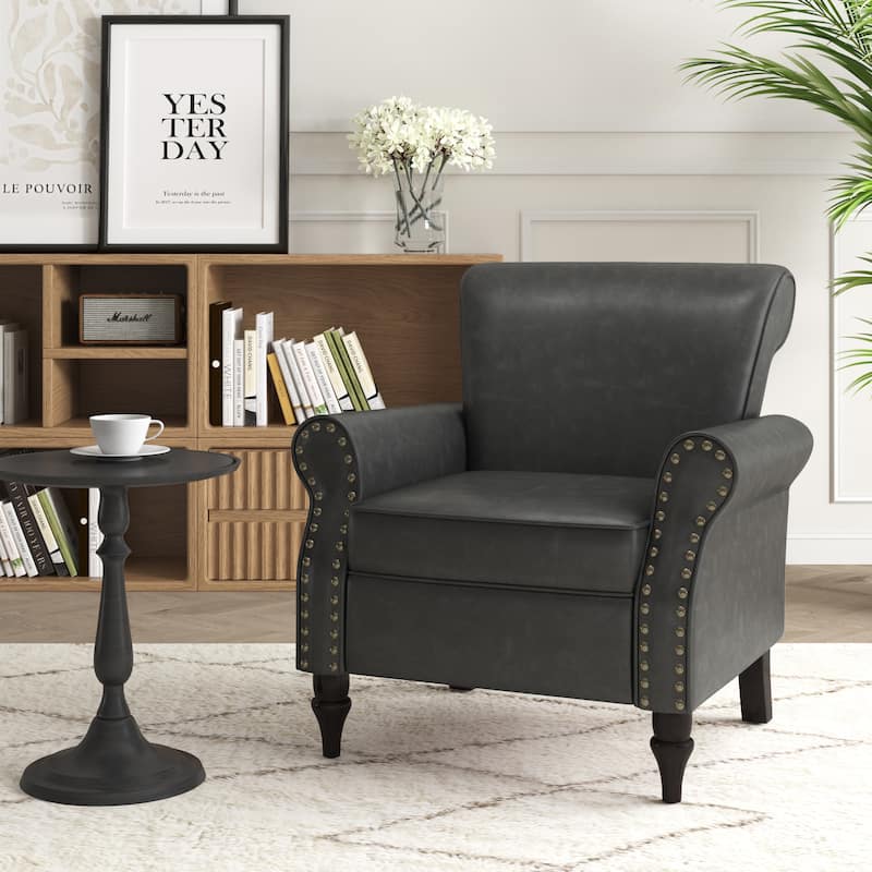Mid-Century Modern Accent Chairs with Nailhead Trim - Faux Leather - Brown
